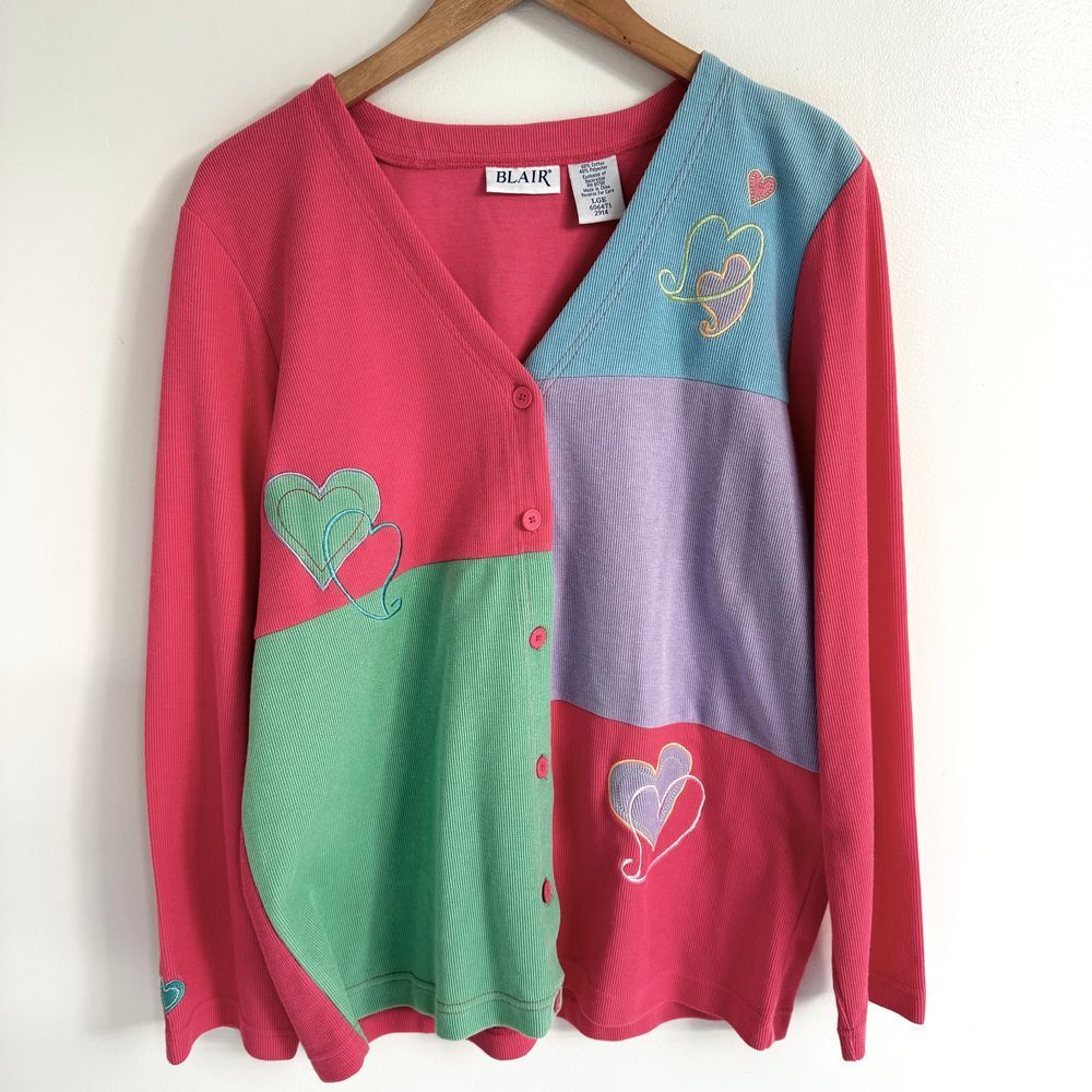 Vintage 90s Womens Cardigan Large Cottage Core Valentines Embroidered Hearts - Picture 2 of 10